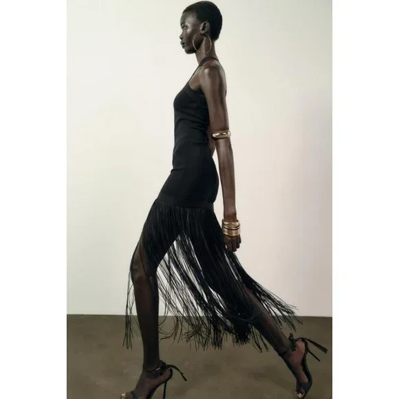 ZARA STRETCH LONG DRESS WITH FRINGING - Picture 6 of 12